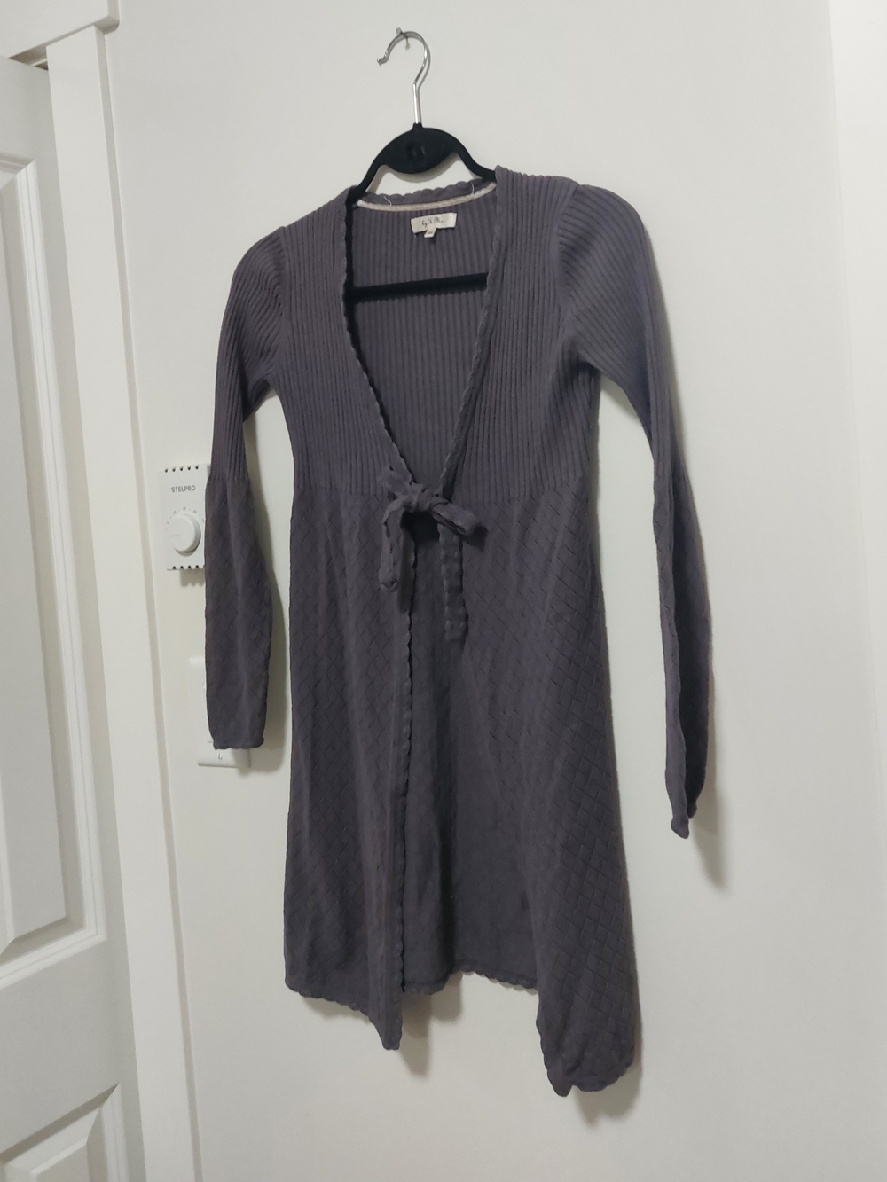 Long Pointelle Tie-Front Cardigan Sweater - Purple
